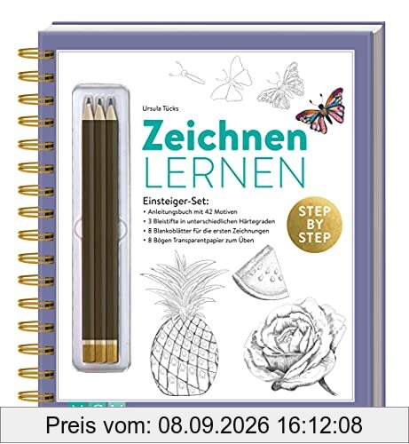 Zeichnen lernen Einsteigerset: Set mit Anleitungsbuch, 3 Stiften, Transparentpapier und Übungsblättern