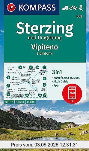 KOMPASS Wanderkarte 058 Sterzing und Umgebung, Vipteno e dintorni 1:25.000: 3in1 Wanderkarte mit Aktiv Guide inklusive Karte zur offline Verwendung in der KOMPASS-App. Fahrradfahren. Skitouren.