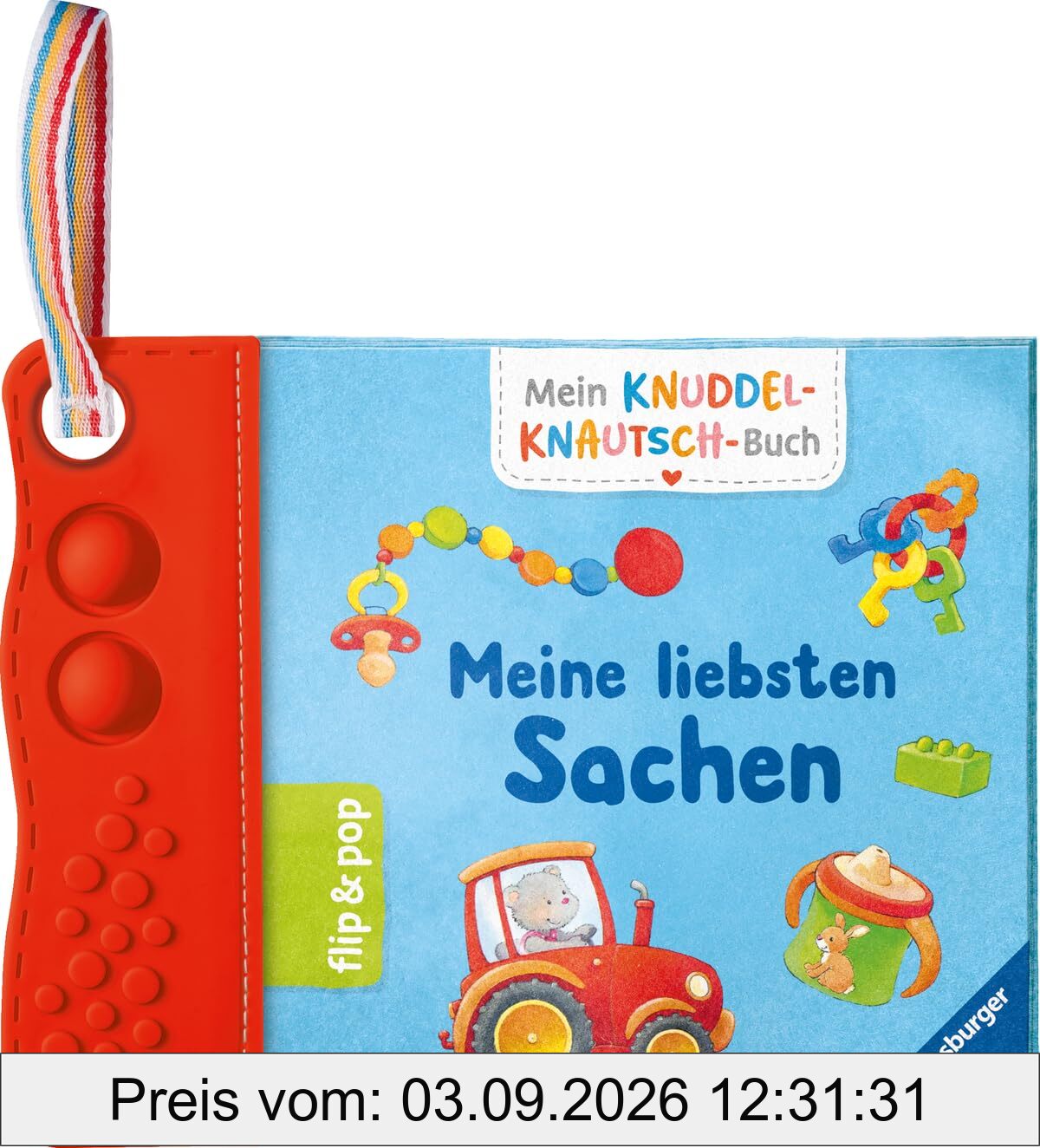 Mein Knuddel-Knautsch-Buch: flip&pop. Meine liebsten Sachen (mit Pop-it Beißleiste); weiches Stoffbuch, waschbares Badebuch, Babyspielzug ab 0 Monate, Sensorik Spielzeug aus Silikon