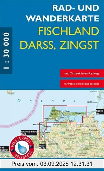 Rad- und Wanderkarte Fischland, Darß, Zingst: Mit Dierhagen, Wustrow, Ahrenshoop, Born, Wieck, Prerow, Zingst, Barth. Maßstab 1:30.000. Wasser- und reißfest.