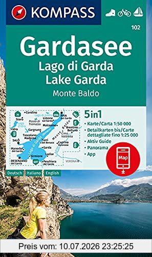 Kompass-Karten GmbH Kompass Wanderkarte Gardasee, Lago Di Garda, Lake Garda, Monte Baldo, 5in1 Wanderkarte 1, 50000 Mit Panorama, Aktiv Guide Und Detailkarten Inklusive