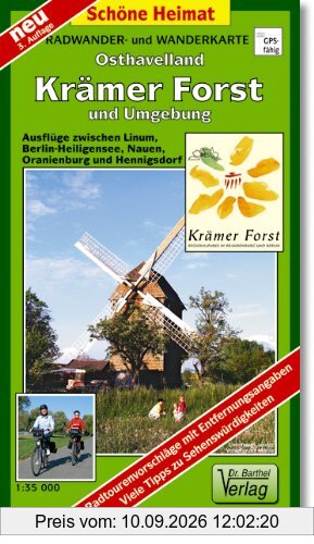 Radwander- und Wanderkarte Osthavelland, Krämer Forst und Umgebung: Ausflüge zwischen Linum, Berlin-Heiligensee, Nauen, Oranienburg und Hennigsdorf. 1:35000