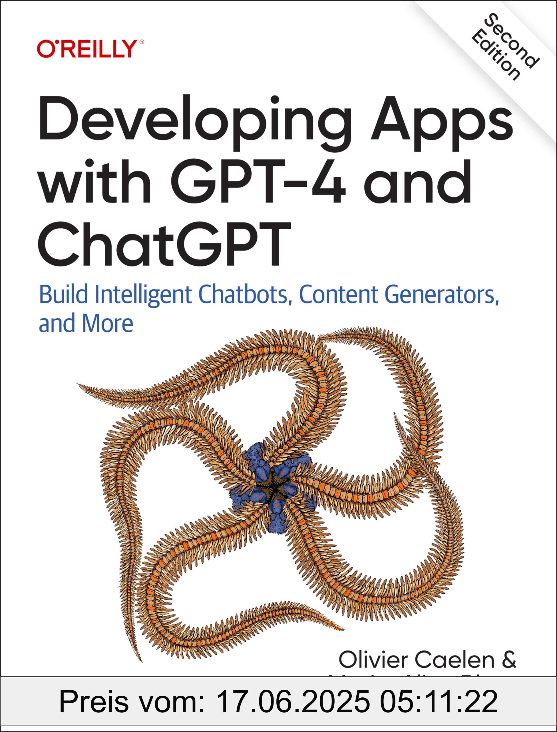 Brand : O'Reilly, Binding : paperback, Edition : 2nd ed., Label : Developing Apps with GPT-4 and ChatGPT : Build Intelligent Chatbots, Content Generators, and More, medium : paperback, numberOfPages : 270, publicationDate : 2024-08-13, releaseDate : 2024-08-20, languages : english, ISBN : 1098168100