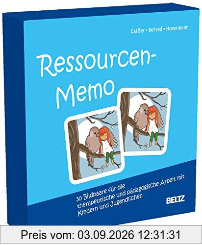 Ressourcen-Memo: 30 Bildpaare für die therapeutische und pädagogische Arbeit mit Kindern und Jugendlichen. Mit 12-seitigem Booklet in stabiler Box, Kartenformat 6,5 x 6,5 cm.