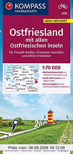 KOMPASS Fahrradkarte Ostfriesland mit allen Ostfriesischen Inseln 1:70.000, FK 3322: reiß- und wetterfest mit Extra Inselkarten (KOMPASS-Fahrradkarten Deutschland, Band 3322)