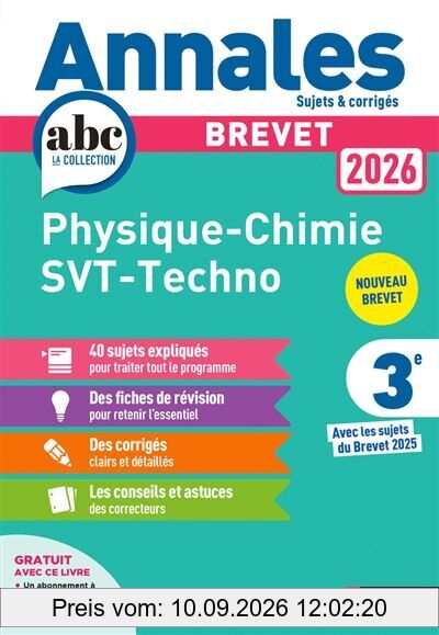 Annales Brevet Physique Chimie - SVT - Techno 2026 - Corrigé: Sujets & corrigés