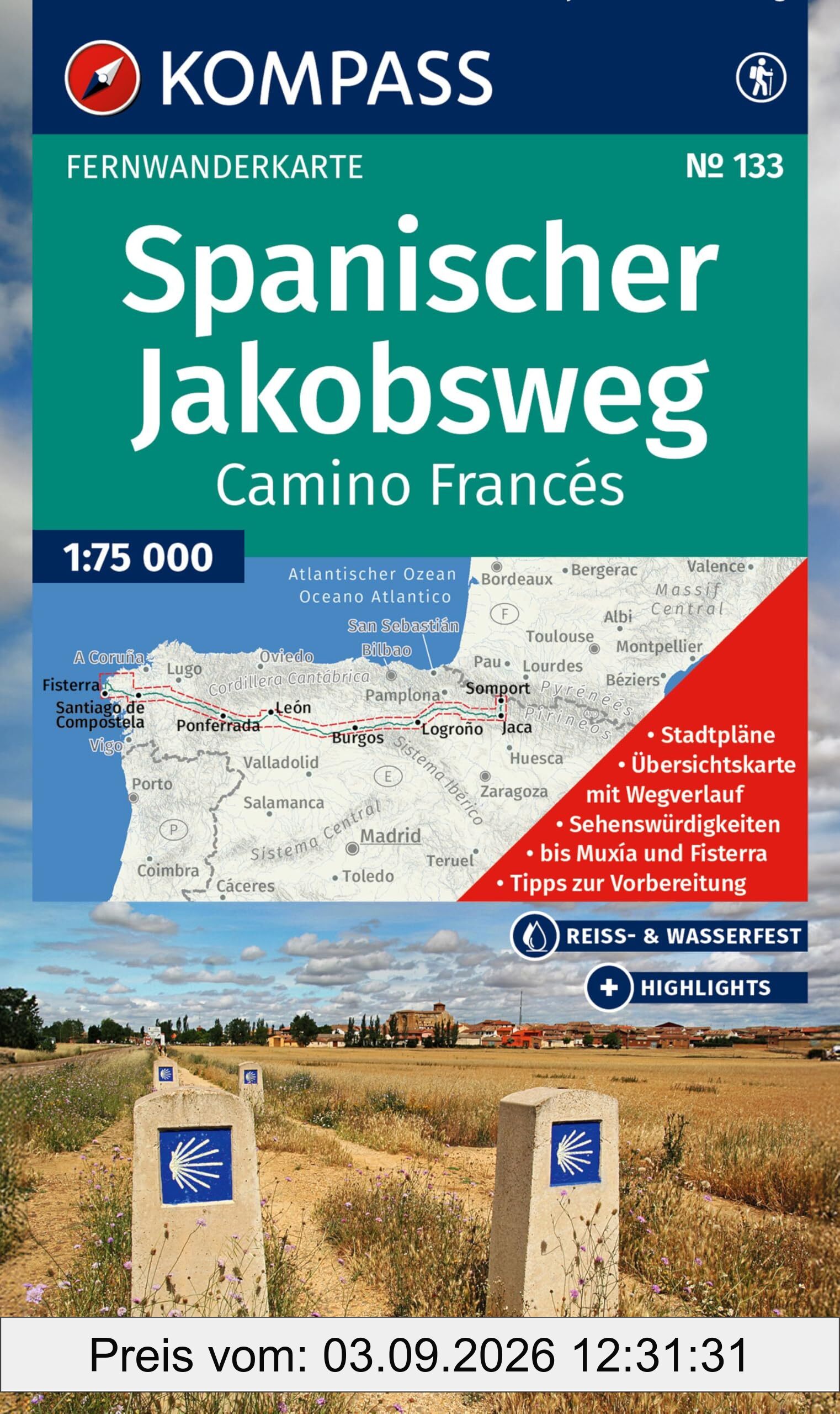 KOMPASS Wanderkarte 133 Spanischer Jakobsweg, Camino Francés 1:100.000: Fernwanderweg: von den Pyrenäen nach Santiago de Compostela und Cabo Fisterra