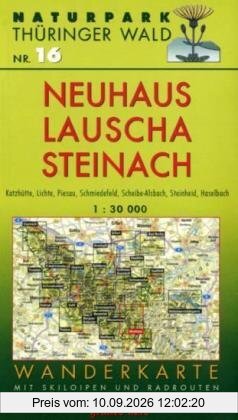 Wanderkarte Neuhaus, Lauscha, Steinach: Mit Katzhütte, Lichte, Piesau, Schmiedefeld, Steinheid, Haselbach und Scheibe-Alsbach. Mit Skiloipen und Radrouten. Maßstab 1:30.000.