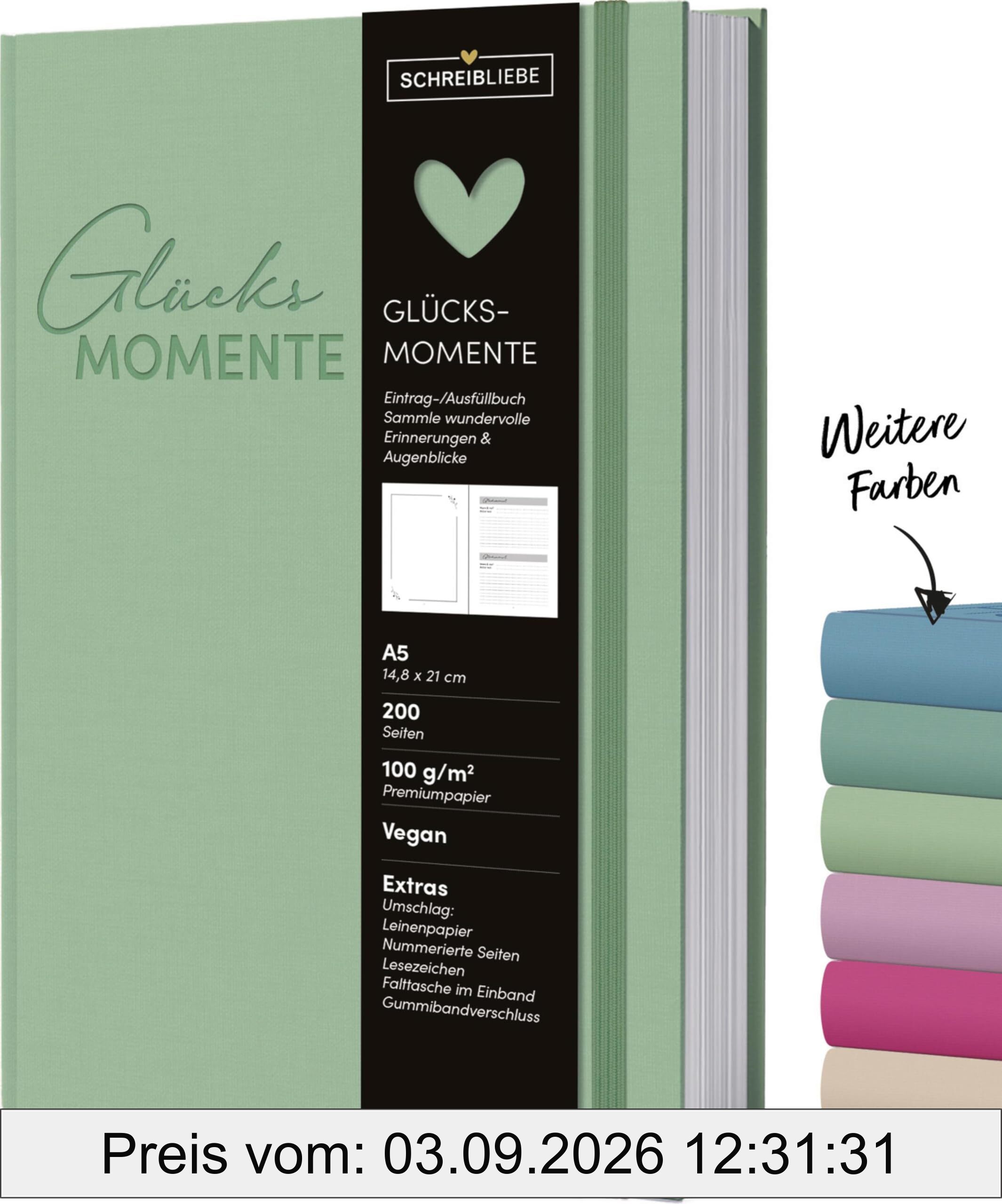 Glücksmomente Mint: Notizbuch A5, liniert, Ausfüllbuch mit Lesebändchen, Zetteltasche und Gummiband, 200 Seiten - SchreibLiebe