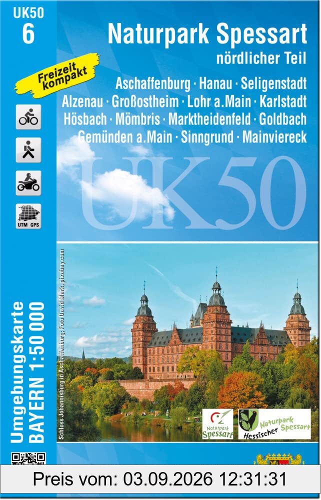 UK50-6 Naturpark Spessart nördlicher Teil: Aschaffenburg, Hanau, Seligenstadt, Alzenau, Großostheim, Lohr a.Main, Karlstadt, Hösbach, Mömbris, ... Karte Freizeitkarte Wanderkarte)