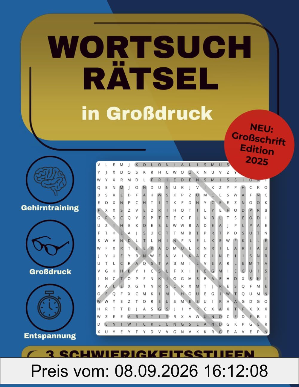 Wortsuchrätsel für Erwachsene in Großdruck: Rätselheft mit 1000+ Wörtern und drei Schwierigkeitsstufen, Geschenkbuch für Erwachsene und Senioren