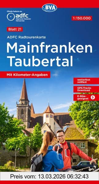 Allgemeiner Deutscher Fahrrad-Club e.V. (Adfc) Adfc-Radtourenkarte 21 Mainfranken Taubertal 1, 150.000, Mit Kilometer-Angaben, Reiß- Und Wetterfest, Gps-Tracks Download, E-Bike-geeignet