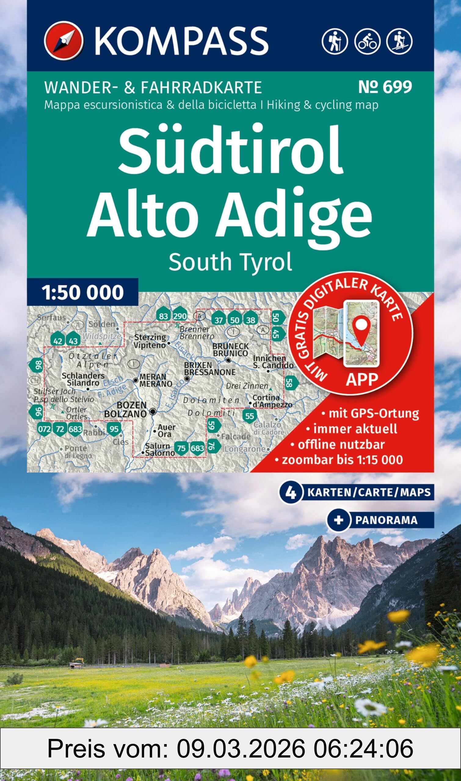 unbekannt Kompass Wanderkarten-Set 699 Südtirol / Alto Adige / South Tyrol (4 Karten) 1, 50.000, Wander- Und Fahrradkarte In Einem - Inklusive