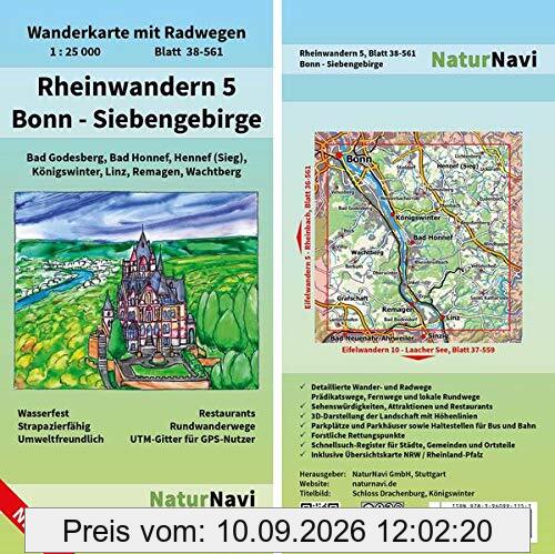 Rheinwandern 5 - Bonn - Siebengebirge: Wanderkarte mit Radwegen, Blatt 38-561, 1 : 25 000, Bad Godesberg, Bad Honnef, Hennef (Sieg), Königswinter, ... (NaturNavi Wanderkarte mit Radwegen 1:25 000)
