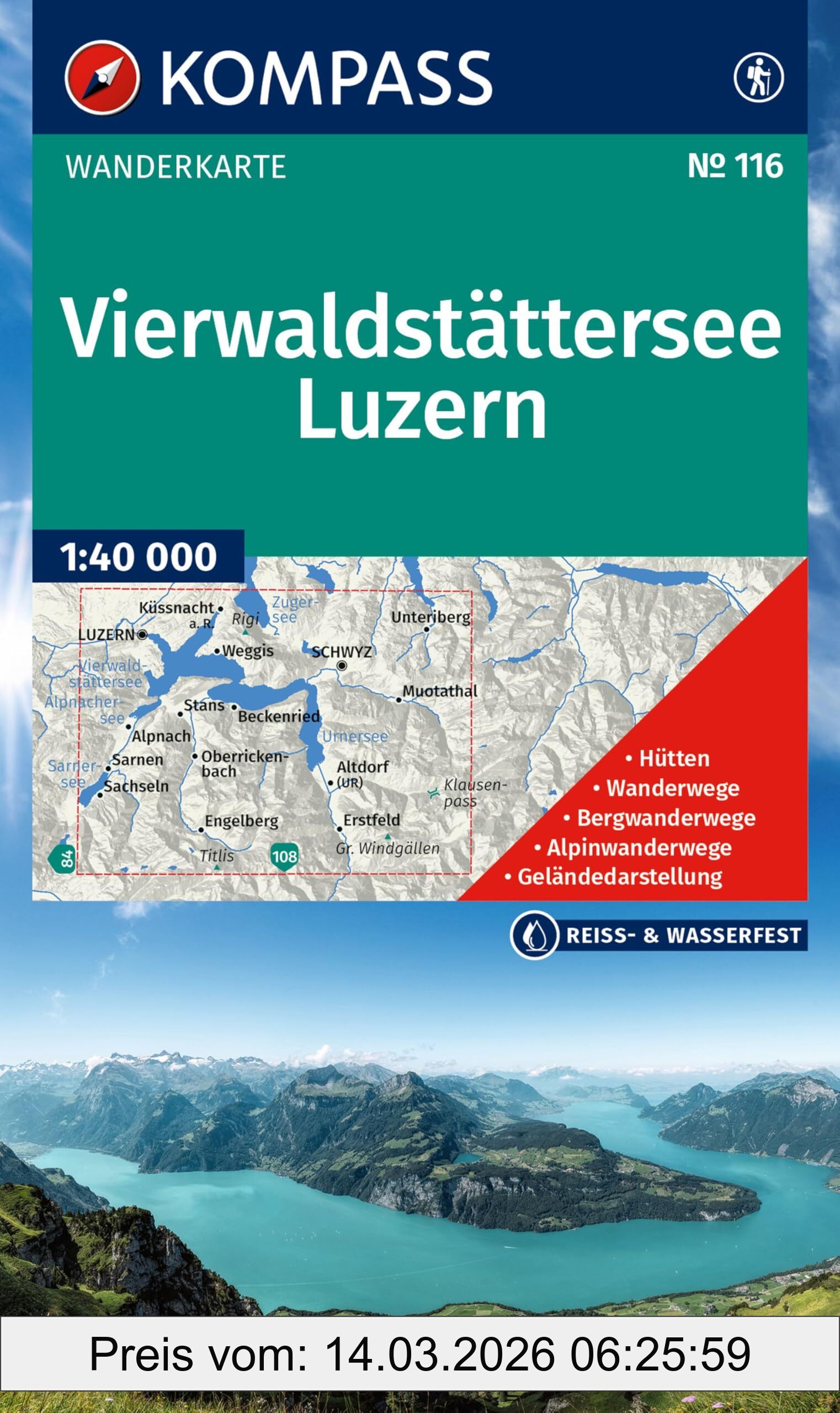 unbekannt Kompass Wanderkarte 116 Vierwaldstättersee, Luzern 1, 40.000, Markierte Wanderwege, Hütten, Radrouten