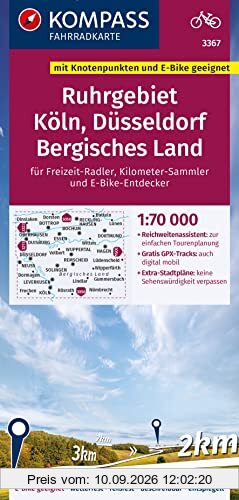 KOMPASS Fahrradkarte 3367 Ruhrgebiet, Köln, Düsseldorf, Bergisches Land 1:70.000: reiß- und wetterfest mit Extra Stadtplänen