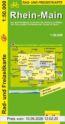 Rhein-Main 1 : 50 000. Radkarte: Von Bad Homburg im Norden bis Dieburg im Süden. Von Taunusstein im Westen bis Hanau im Osten. Hessische Apfelwein- und Obstwiesenroute. Radwege, Sehenswürdigkeiten