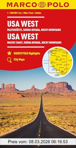 Marco Polo Kontinentalkarte Usa West 1, 2 Mio., Pazifikküste, Sierra Nevada, Rocky Mountains