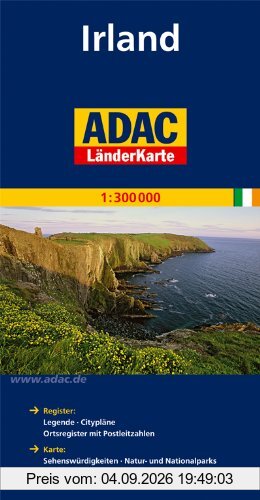 ADAC Länderkarte Irland 1:300.000: Register: Legende, Citypläne, Ortsregister mit Postleitzahlen. Karte: Sehenswürdigkeiten, Natur- und Nationalparks, landschaftlich schöne Strecken