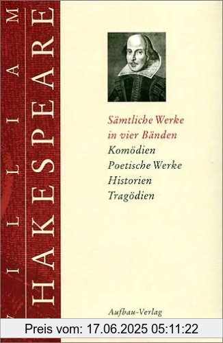 Binding : Gebundene Ausgabe, Edition : 1, Label : Aufbau Verlag, Publisher : Aufbau Verlag, medium : Gebundene Ausgabe, numberOfPages : 3990, publicationDate : 2000-09-01, authors : William Shakespeare, translators : Ludwig Tieck, Schlegel, August Wilhelm, publishers : Günther Klotz, languages : german, ISBN : 3351028989