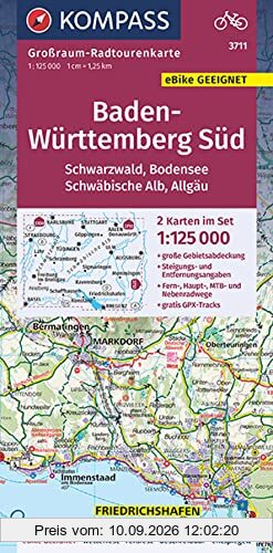 KOMPASS Großraum-Radtourenkarte 3711, Baden-Württemberg Süd, Schwarzwald, Bodensee, Schwäbische Alb, Allgäu 1:125000: 2 Karten im Set, reiß- und wetterfest