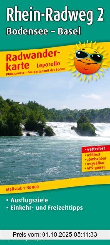 Radwanderkarte Rhein-Radweg 2, Bodensee-Basel: Mit Ausflugszielen, Einkehr- und Freizeittipps, reissfest, wetterfest, GPS-genau. 1:50000: ... reissfest, wetterfest, recycelbar, GPS-genau