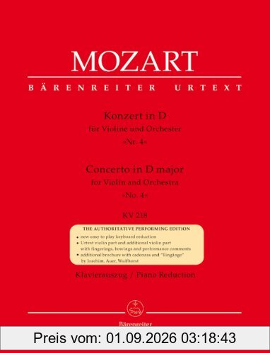 Konzert für Violine und Orchester Nr. 4 D-Dur KV 218. Klavierauszug