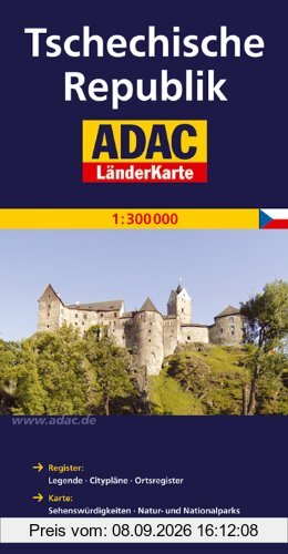 ADAC Länderkarte Tschechische Republik 1:300.000: Register: Legende, Citypläne, Ortsregister mit Postleitzahlen. Karte: Sehenswürdigkeiten, Natur- und Nationalparks, landschaftlich schöne Strecken