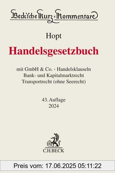 Binding : Gebundene Ausgabe, Edition : 43., neubearbeitete, Label : C.H.Beck, Publisher : C.H.Beck, medium : Gebundene Ausgabe, numberOfPages : 3303, publicationDate : 2023-12-22, authors : Hopt, Klaus J., Christoph Kumpan, Leyens, Patrick C., Hanno Merkt, Markus Roth, ISBN : 3406806058