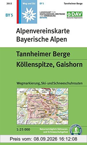 Tannheimer Berge, Köllenspitze, Gaishorn: Topographische Karte mit Wegmarkierungen, Ski- und Schneeschuhrouten (Alpenvereinskarten)