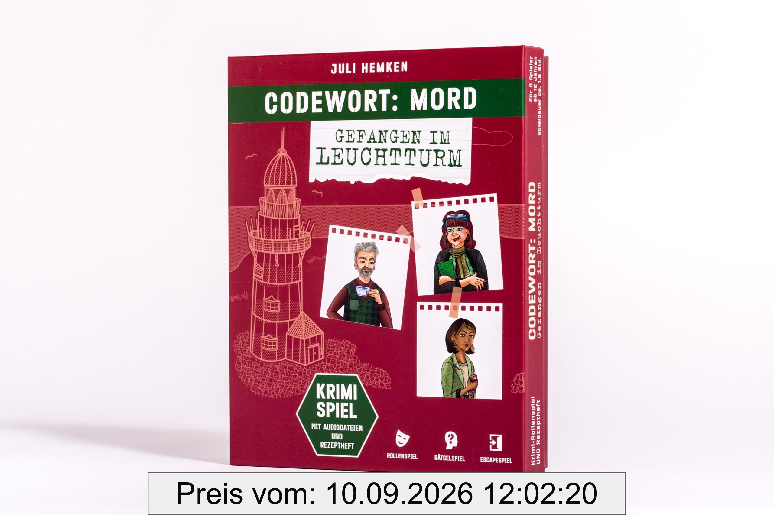 Codewort: Mord. Gefangen im Leuchtturm. Krimidinner-Rollenspiel und Kochbuch. Für 6 Spieler ab 12 Jahren.: 54 Anweisungskarten, 6 Einladungsschreiben, 3 Rätsel-Flyer, 3 Geheimniskarten