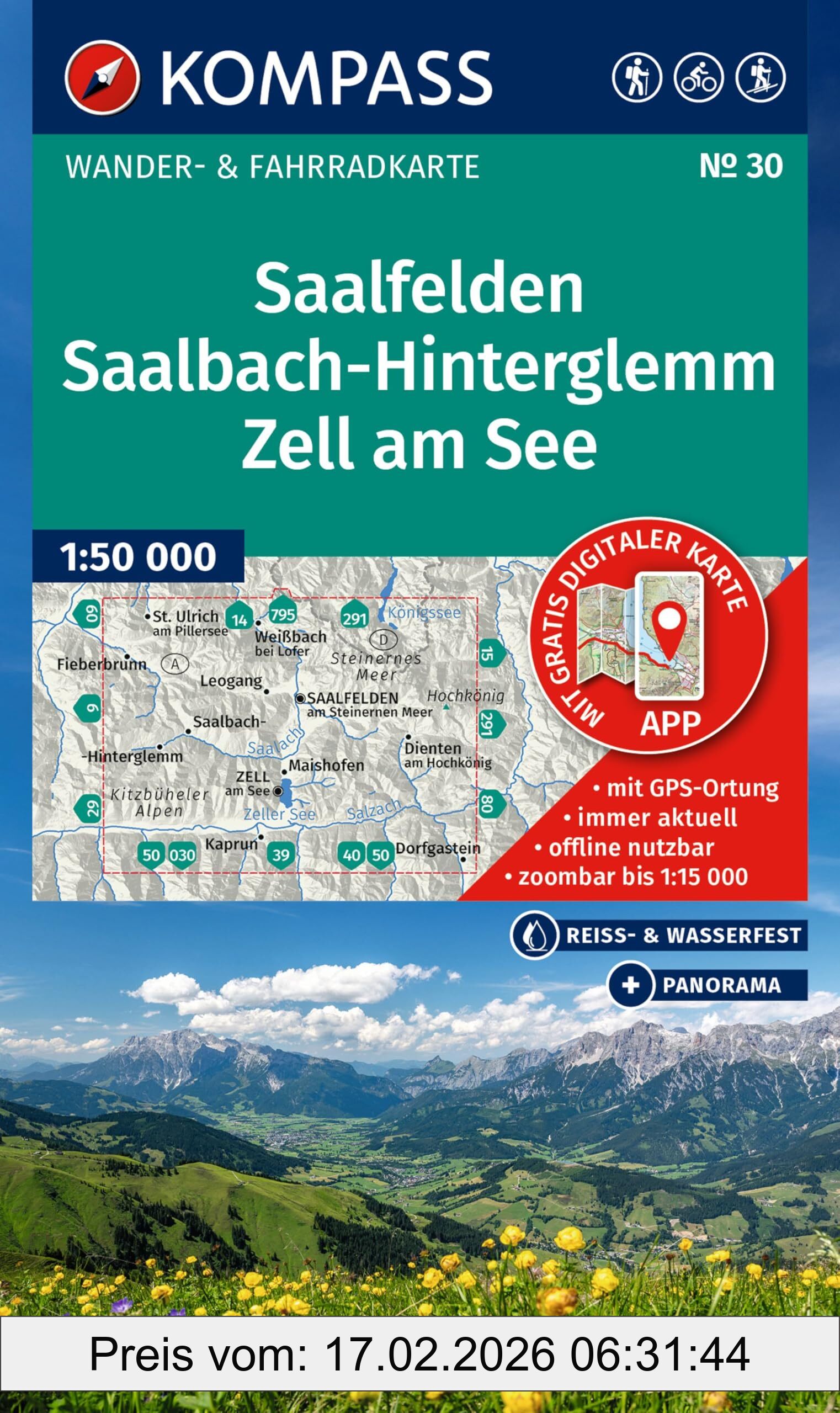 unbekannt Kompass Wanderkarte 30 Saalfelden, Saalbach-Hinterglemm, Zell Am See 1, 50.000, Wander- Und Fahrradkarte In Einem - Inklusive Offline-Verwendung In