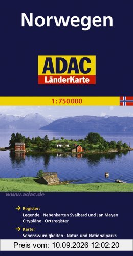 ADAC Länderkarte Norwegen 1:750.000: Register: Legende, Nebenkarten Svalbard und Jan Mayen, Citypläne, Ortsregister mit Postleitzahlen. Karte: ... Nationalparks, landschaftlich schöne Strecken
