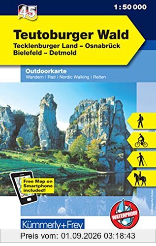 Teutoburger Wald Outdoorkarte Deutschland Nr. 45: Tecklenburger Land, Osnabrück, Bielefeld, Detmold, 1:50 000, Mit kostenlosem Download für Smartphone (Kümmerly+Frey Outdoorkarten Deutschland)