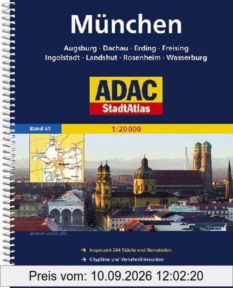 ADAC StadtAtlas München mit Augsburg, Dachau, Erding, Freising, Ingoöstadt, Land: Augsburg, Dachau, Erding, Freising, Ingolstadt, Landshut, Rosenheim, ... Städte und Gemeinden. 1 : 20 000. GPS-genau