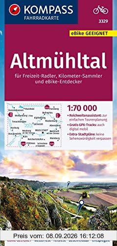 KOMPASS Fahrradkarte 3329 Altmühltal 1:70.000: reiß- und wetterfest mit Extra Stadtplänen