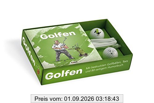 Golfen: Geschenkbox mit Humorbuch, 2 bedruckten Golfbällen und 10 Tees