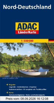 ADAC Länderkarte Nord-Deutschland 1:500.000: Register: Legende, Zufahrtskarten, Citypläne, Autokennzeichen, Ortsregister mit Postleitzahlen. Karte: ... Nationalparks, landschaftlich schöne Strecken