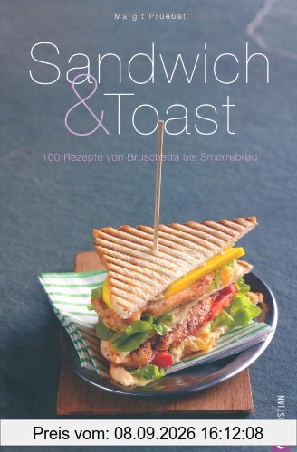 Sandwich & Toast: 100 Rezepte von Bruschetta bis Smorrebrod - Tipps und Ideen über Leckerbissen wie Crostini, Crotûons, Pinchos, über Tramezzinis bis ... sowie Fladen- und Pitabrote auf 192 Seiten.