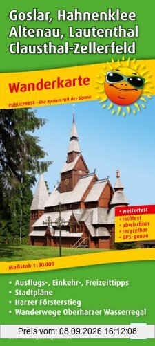 Wanderkarte Goslar, Hahnenklee, Altenau, Clausthal-Zellerfeld: 1:30000. Ausflugs-, Einkehr- und Freizeittipps, Stadtpläne, Harzer Försterstieg, Wanderwege Oberharzer Wasserregal
