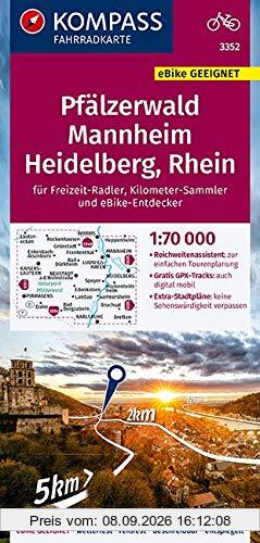 KOMPASS Fahrradkarte Pfälzerwald, Mannheim, Heidelberg, Rhein 1:70.000, FK 3352: reiß- und wetterfest mit Extra Stadtplänen (KOMPASS-Fahrradkarten Deutschland, Band 3352)