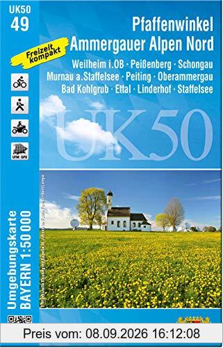 UK50-49 Pfaffenwinkel, Ammergauer Alpen Nord (Umgebungskarte 1:50000): Weilheim i.OB, Peißenberg, Schongau, Murnau a. Staffelsee, Peiting, ... Karte Freizeitkarte Wanderkarte)