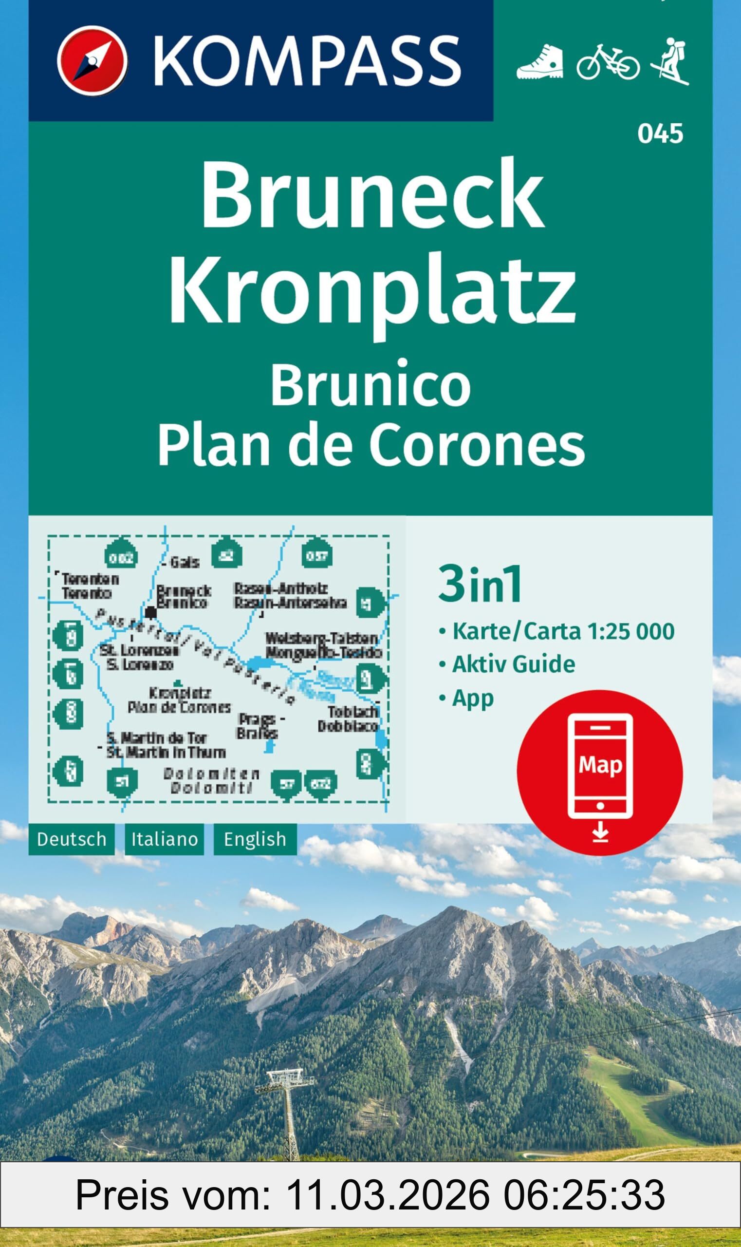 unbekannt Kompass Wanderkarte 045 Bruneck, Kronplatz / Brunico, Plan De Corones 1, 25.000, 3in1 Wanderkarte Mit Aktiv Guide Inklusive Karte Zur Offline