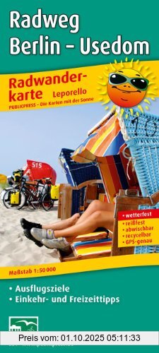 Radwanderkarte Leporello Radweg Berlin - Usedom: Mit Ausflugszielen, Einkehr- & Freizeittipps, wetterfest, reissfest, abwischbar, GPS-genau. 1:50000