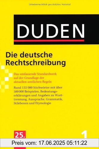 Brand : Duden, Binding : Gebundene Ausgabe, Edition : 25., vollst. neu bearb. u. erw. Auflage, Label : Bibliographisches Institut & F. A. Brockhaus, Publisher : Bibliographisches Institut & F. A. Brockhaus, NumberOfItems : 1, PackageQuantity : 1, Feature : Wenn mehrere Artikel auf der Abbildung angezeigt werden, gehört nur einer dieser Artikel zum Lieferumfang. Bitte kontaktieren Sie uns im Zweifelfall.Eine Modell- oder Farbauswahl ist leider nicht möglich., medium : Gebundene Ausgabe, numberOfPages : 1216, publicationDate : 2009-07-24, authors : Dudenredaktion, languages : german, ISBN : 3411040157