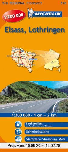 Elsass-Lothringen: Tankstellen an Autobahnen und Strassen, Sicherheitsalerts, Stadtpläne: Strasbourg, Metz (Michelin Regionalkarte)