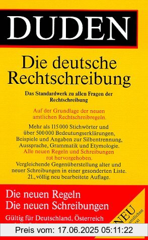 Brand : Dudenverlag, Binding : Gebundene Ausgabe, Edition : 21., Label : Dudenverlag, Publisher : Dudenverlag, NumberOfItems : 1, Feature : Ausführung : 1216 Seiten, medium : Gebundene Ausgabe, numberOfPages : 910, publicationDate : 1996-01-01, publishers : Günther Droisdowski, Wolfgang Müller, Werner Scholze-Stubenrecht, Matthias Wermke, languages : german, ISBN : 3411040114