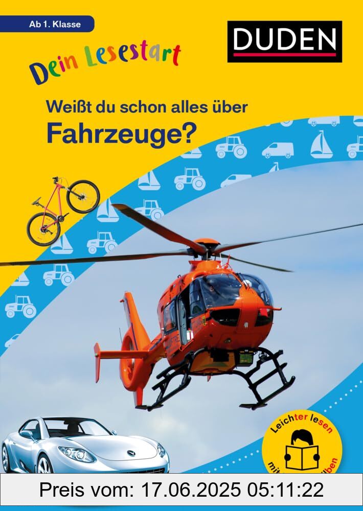 Binding : hardcover, Edition : 1, Label : Dein Lesestart : Weißt du schon alles über Fahrzeuge? Ab 1. Klasse : Für Kinder ab 6 Jahren (Band 8) (Dein Lesestart – ab Klasse 1), medium : hardcover, numberOfPages : 64, publicationDate : 2025-03-17, releaseDate : 2025-03-17, languages : german, ISBN : 3411733071