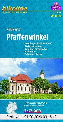 Bikeline Radkarte Pfaffenwinkel 1 : 75 000: Starnberger Fünf-Seen-Land, Weilheim, Murnau, Garmisch-Partenkirchen, Kaufbeuren, Schongau, Füssen, GPS-tauglich mit UTM-Netz, wasserfest und reißfest