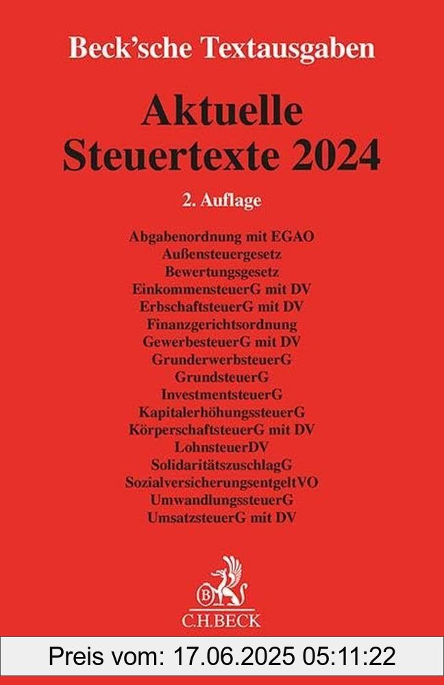 Binding : paperback, Edition : 2, Label : Aktuelle Steuertexte 2024 : Abgabenordnung mit EGAO, Außensteuergesetz, Bewertungsgesetz, EinkommensteuerG mit DV, ErbschaftsteuerG mit DV, ... 1. August 2024 (Beck'sche Textausgaben), medium : paperback, numberOfPages : 1853, publicationDate : 2024-09-10, languages : german, ISBN : 3406820549